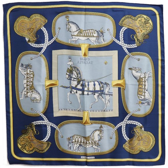 HERMES GRAND APPARAT Dressed horse Carre90 Calfskin Blue/yellow silk Women - Picture 1 of 10